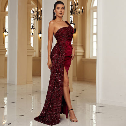 Robe de soirée de Cocktail longue à paillettes, élégante et Sexy, sans manches, col diagonal, dos nu, robe de demoiselle d'honneur pour femmes