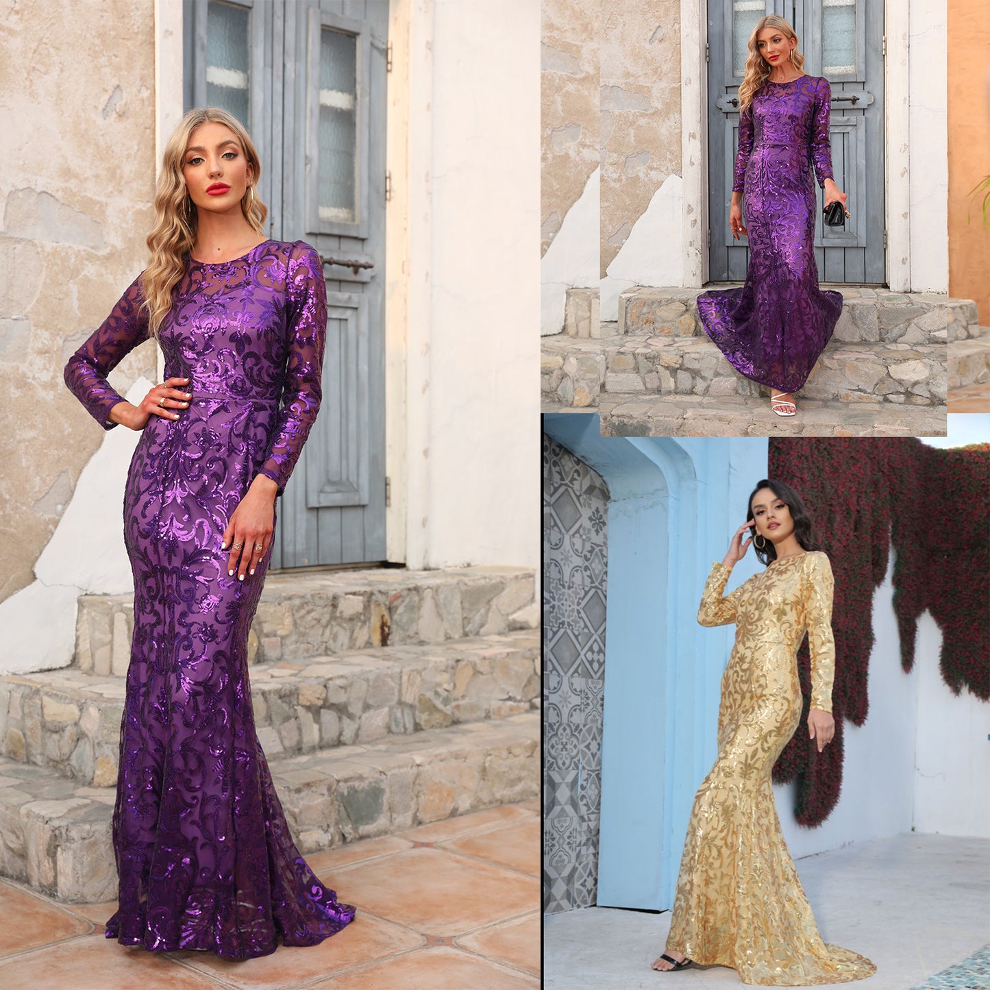 Spring Autumn Sequined Dress Purple Crew-Neck Long Evening Dress Long Sleeve Dress