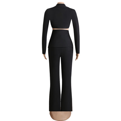 Women Clothing Autumn Winter Suit Ladies Dignified Hollow Out Cutout Rhinestone Blazer Trousers Two Piece Set Women