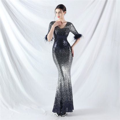 Dress Craft Order Ostrich Feather Gradient Sequin Long Sleeve Evening Dress