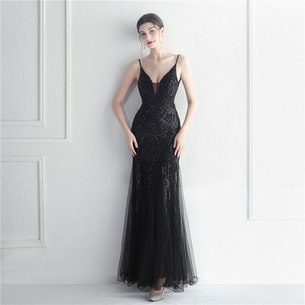 Sequin Gauze Sexy Sling Star Internet Celebrity Grand Ceremony Long Evening Dress