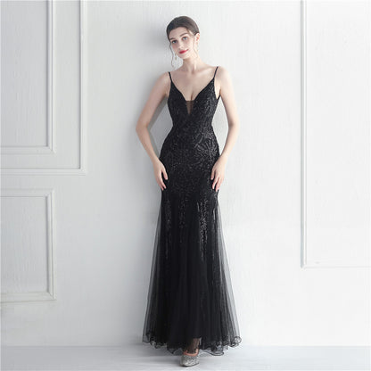 Sequin Gauze Sexy Sling Star Internet Celebrity Grand Ceremony Long Evening Dress