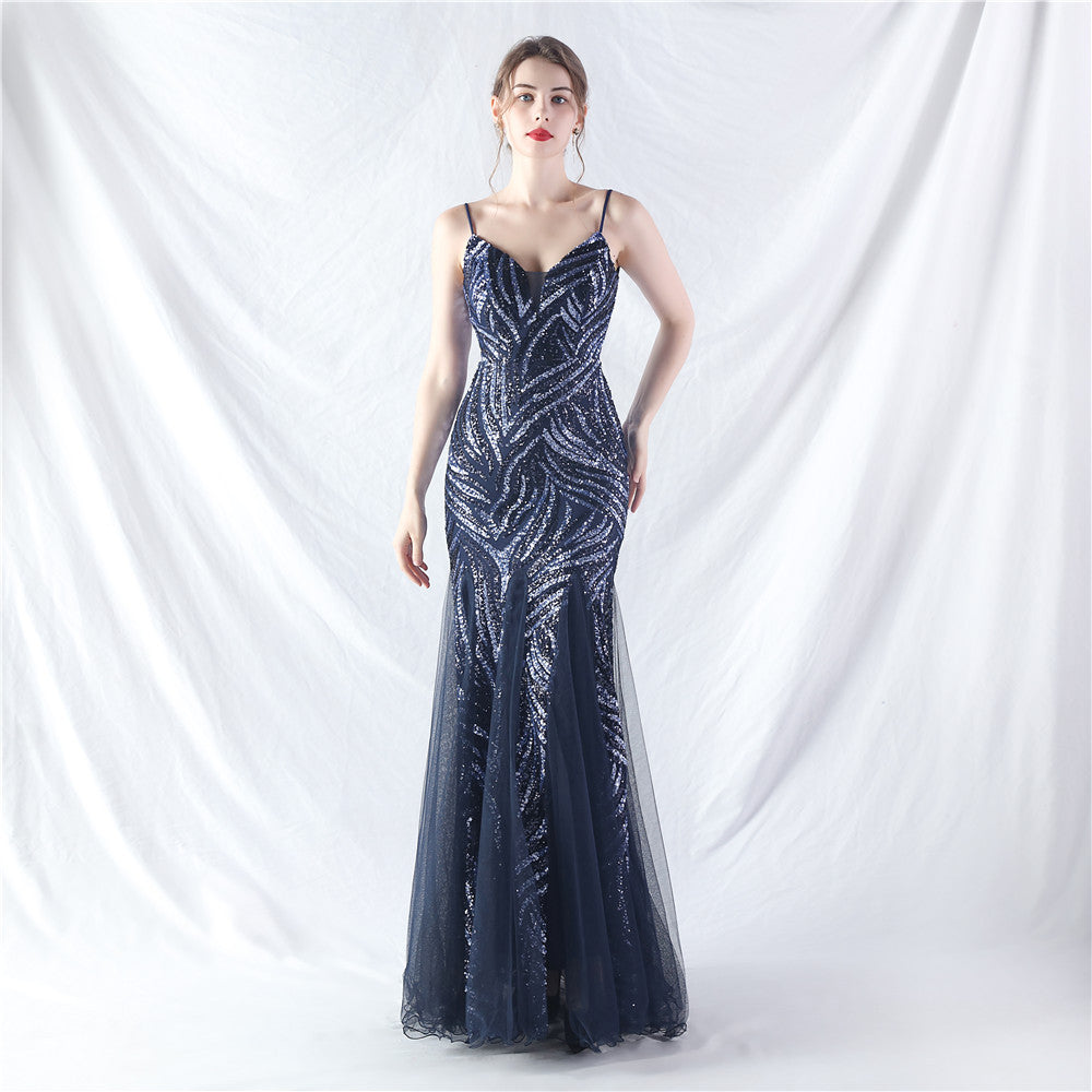 Lamination Sequin Stitching Mesh Camisole Evening Dress