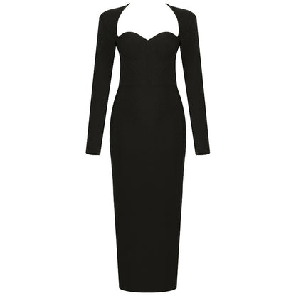 Bandage Dress Simple Graceful French Long Sleeve Cocktail Evening Dress