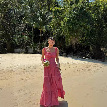 Robe de plage d'été amincissante à col carré français rétro à carreaux pour vacances, avec cordon de serrage et volants à la taille