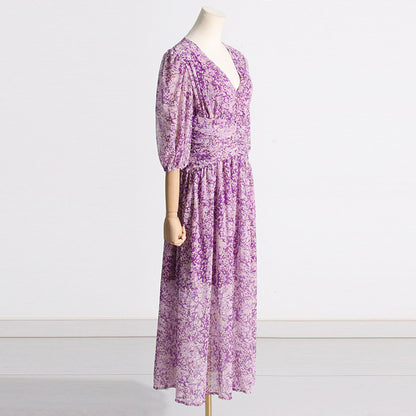 Vestido de verano con estampado morado, cintura controlada, diseño adelgazante y mangas abullonadas