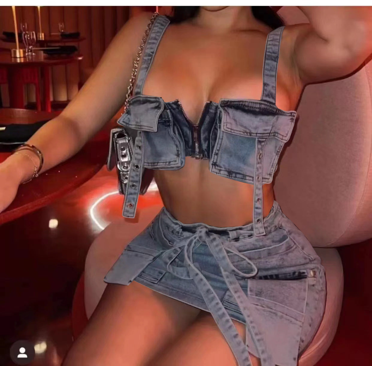 Ensemble jupe courte sexy sans bretelles en denim avec poche 3D