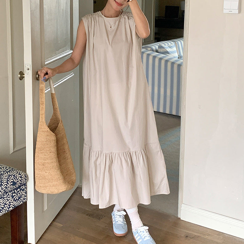 Robe d'été simple en lin de haute qualité, couleur unie, amincissante, sans manches, mi-longue, grande balançoire pour femmes