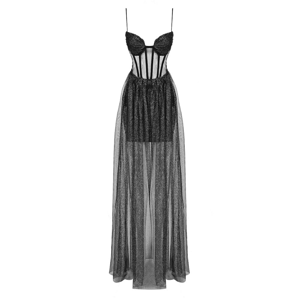 Black Suspender Gold Sleeveless Mesh Pleating Patchwork Maxi Dress Women Clothing Sexy Dress