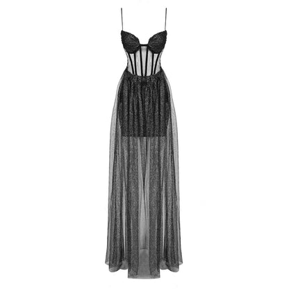 Black Suspender Gold Sleeveless Mesh Pleating Patchwork Maxi Dress Women Clothing Sexy Dress