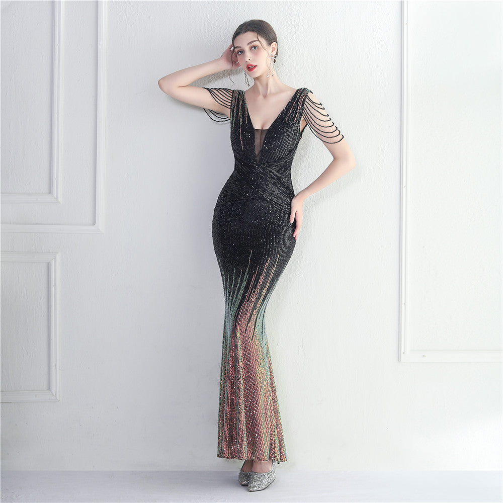 Craft Beaded Sequined Car Model Exhibition Host Dinner Women Long Evening Dress Fishtail Dress