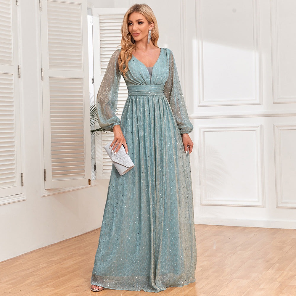 Robe trapèze plissée élastique pour femmes, vêtements brillants, manches longues, col en V, entièrement doublée, robe de soirée élégante