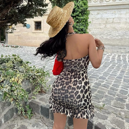 Vestido corto de cadera ajustado sexy sin espalda con cordones y estampado de leopardo de verano