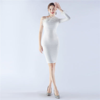 Craft Order Ostrich Feather One Shoulder Diagonal Collar Long Sleeve Short Dress