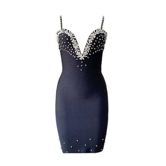 Sexy Women Wear Exquisite Rhinestone Deep V Plunge Elegant Graceful Bandage Dress Party Gathering Sling Dress