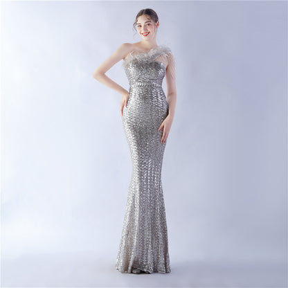 Ostrich Hair Beaded Magic Color Sequin Dinner Exhibition High End Evening Dress