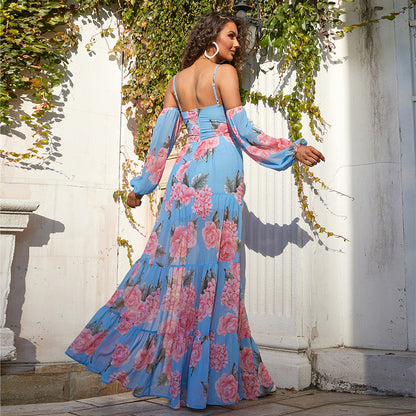 Robe de soirée imprimée de luxe légère à bretelles sexy à col licou pour femme