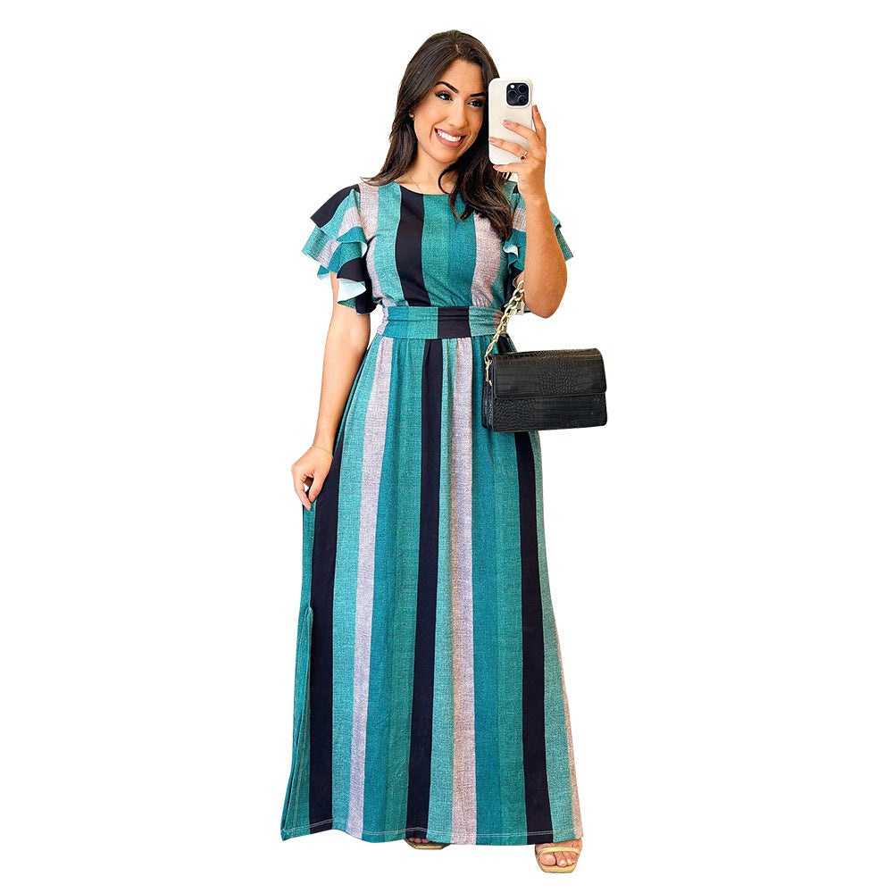 Women Dress Striped Slimming Printed Lace up Pile Ruffle Sleeve Dress