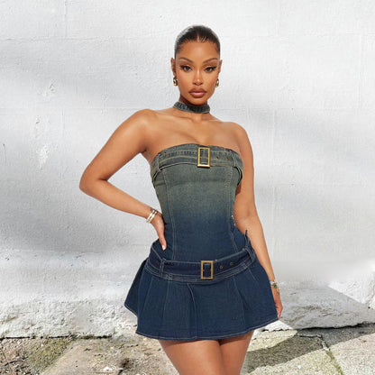 Denim Wash Halter Zipper Belt Gradient Sexy Trend Dress