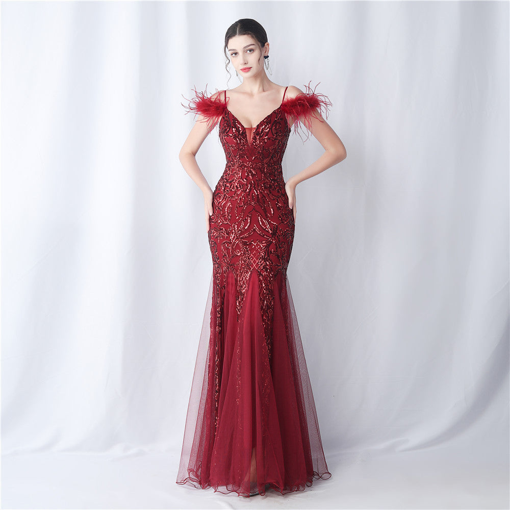 Ostrich Feather Craft Mesh Positioning Floral Sequin Annual Meeting Wedding Evening Dress