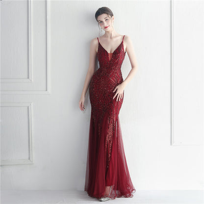 Sequin Gauze Sexy Sling Star Internet Celebrity Grand Ceremony Long Evening Dress