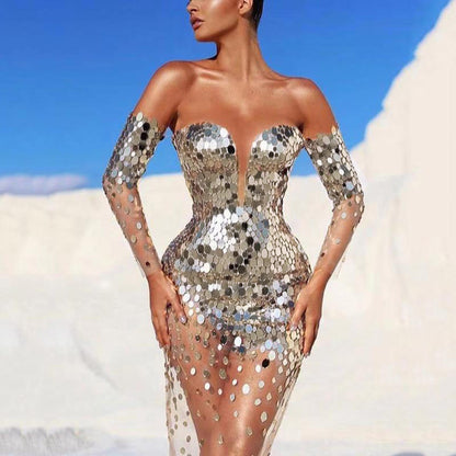 Robe d'été pour femme, robe de soirée longue, sexy, transparente, en maille, à paillettes, épaules dénudées