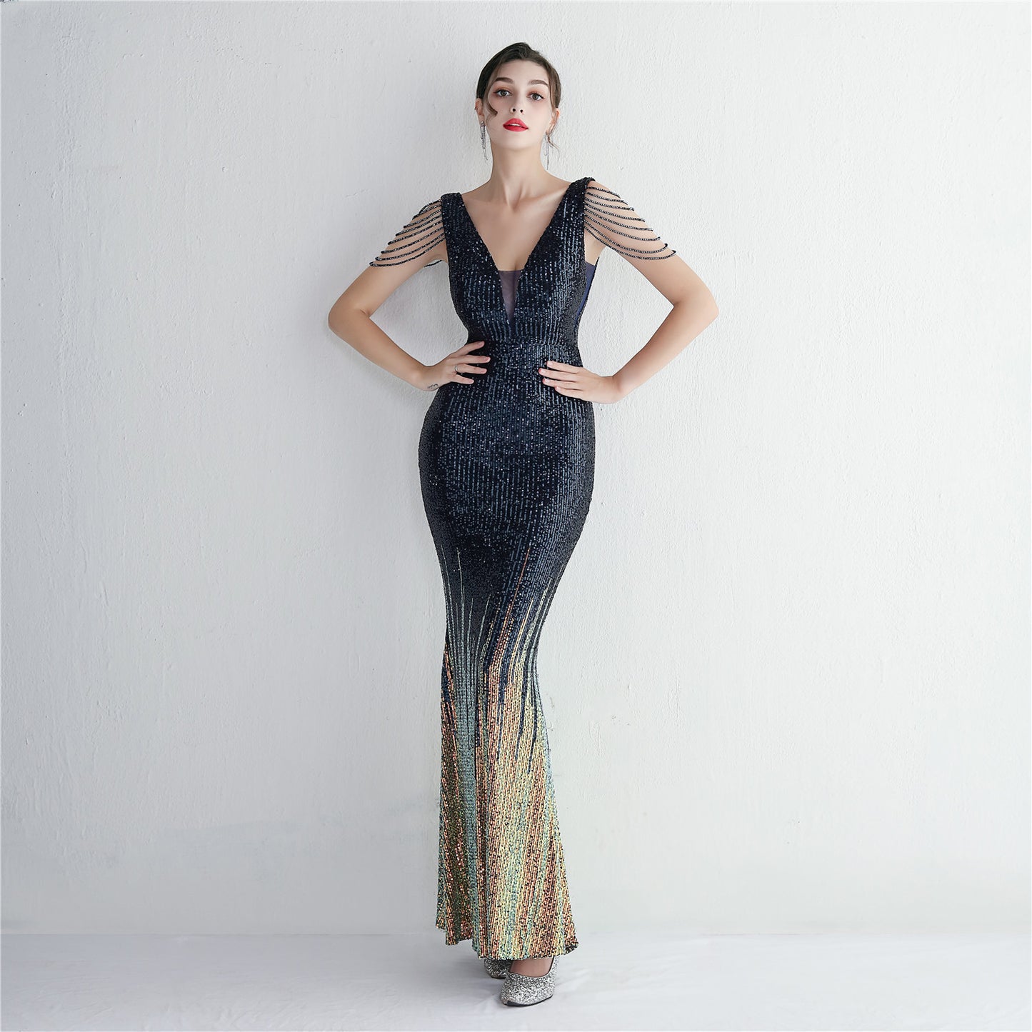 Vertical Stripes Gradient Sequin Party Dress Long Cocktail Slim Fit Evening Dress Elegant Cool Clothing