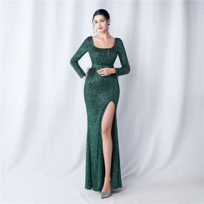 Nail Ostrich Feather Sequin Long Sleeve Evening Dress