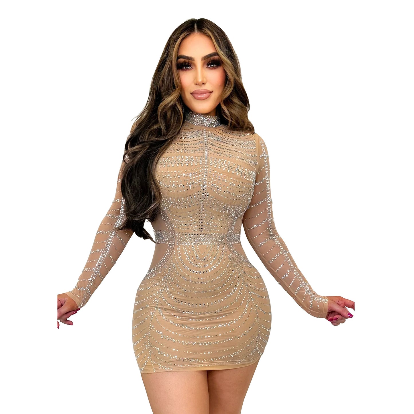 Women Wear Solid Color Rhinestone Mesh See Through Long Sleeve Short Dress Dress