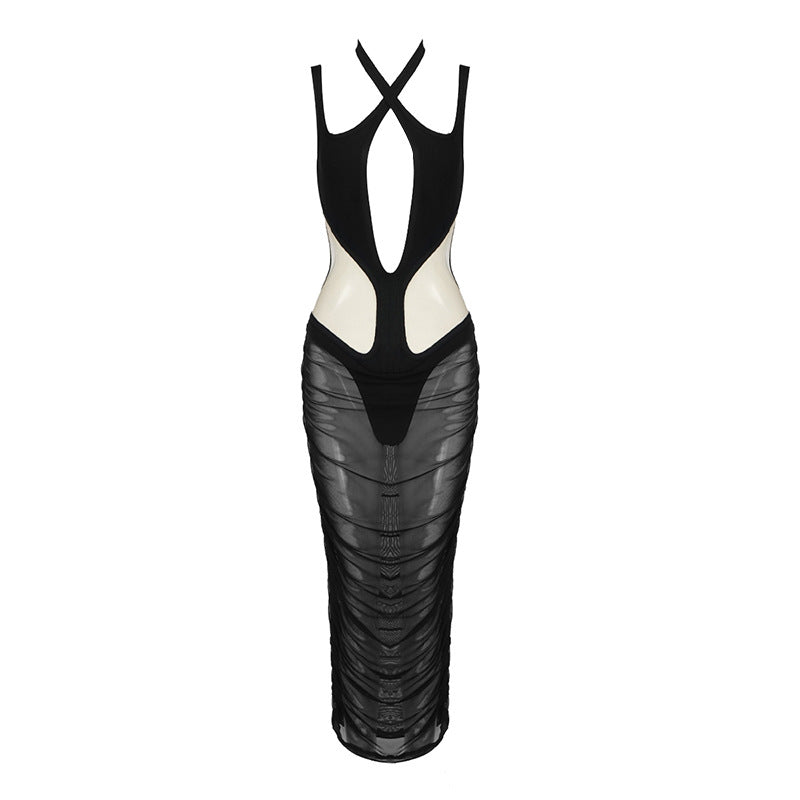 Sexy Mesh Hollow Out Cutout Semi-Transparent Slim Fit Maxi Dress Dress Women Summer Bandage Catwalk