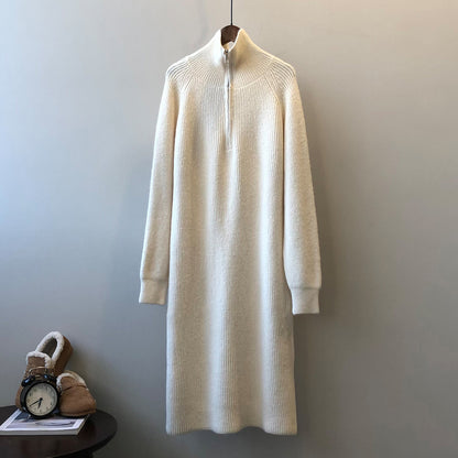 Robe tricotée à manches longues et fermeture éclair, Base d'hiver, robe pull mi-longue