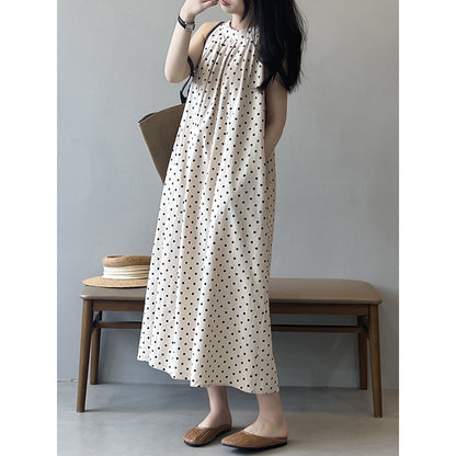 Polka Dot Sleeveless Dress Summer Korean round Neck A line Graceful Shift Dress