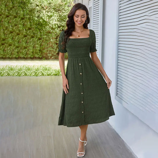 Spring Summer Dress Smocking Puff Sleeve Elegant Short Sleeve Dress Fastener Decoration Pleated A Line Dress Long Dress