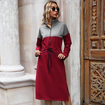 Printemps automne femmes vêtements couleur contrastée coupe ajustée robe taille contrôlée à lacets fendue mi-longue