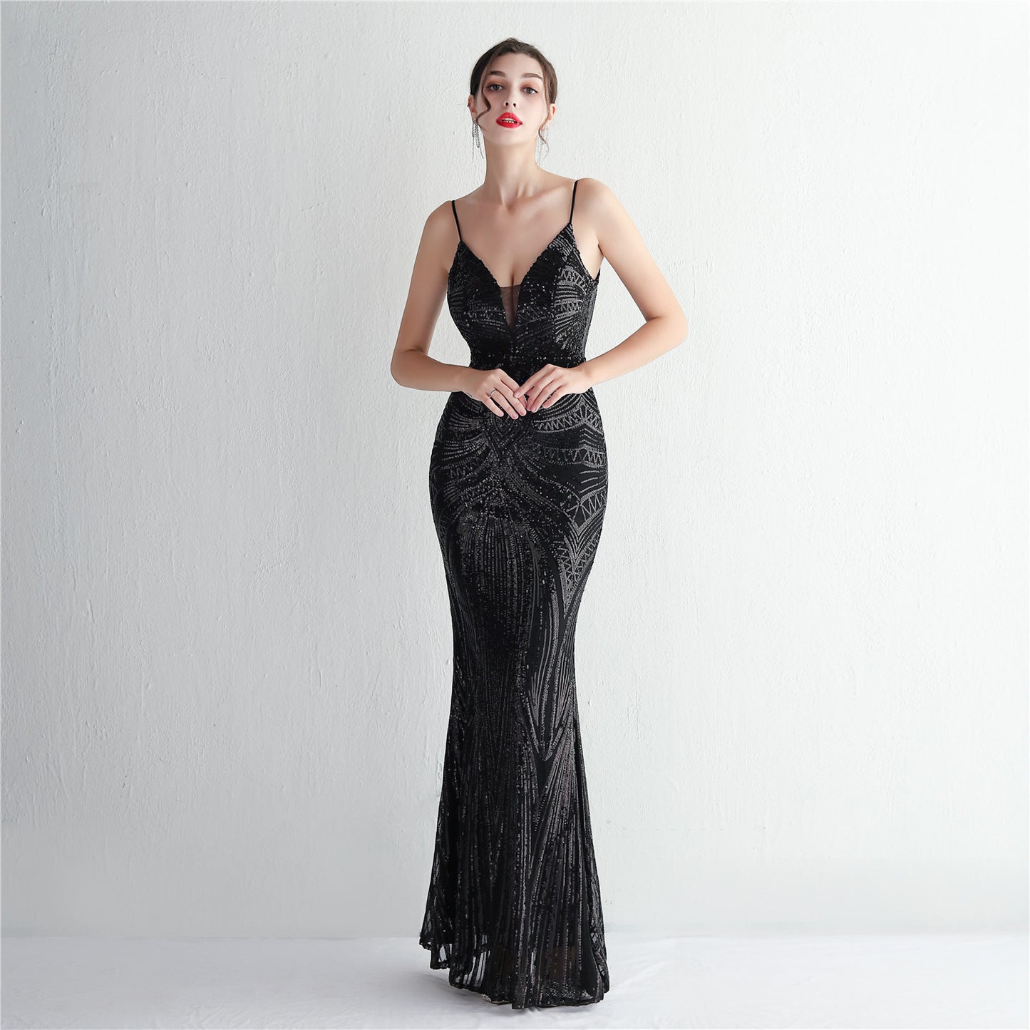 Positioning Floral Suspender Party Sequined Dress Long Banquet Slim Fit Evening Dress Elegant