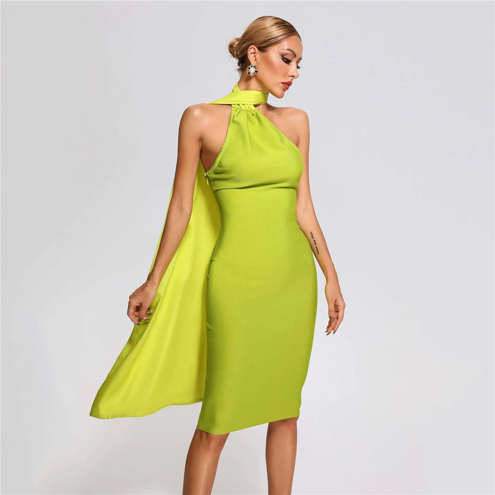 Summer Ribbon Sexy Backless Green Cocktail Party Elegant Dress Bandage One Piece Dress