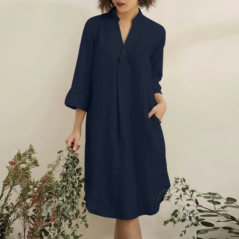 Fall Simple Loose Solid Color Mid Length V Neck Sleeves Casual Dress