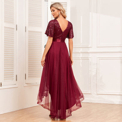 Taille élastique couture élégante col en V à volants manches courtes robe de soirée Swing mot moelleux Tulle irrégulière asymétrique robe Maxi