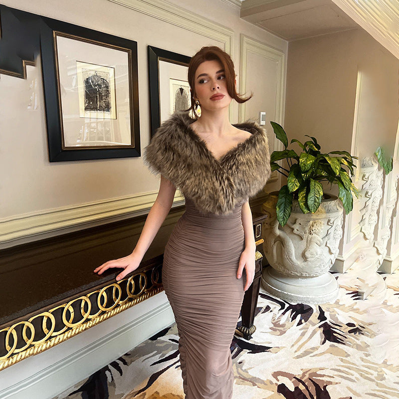 Autumn Elegant Slim Fit Furry off Shoulder Tube Top Shawl Dress Women