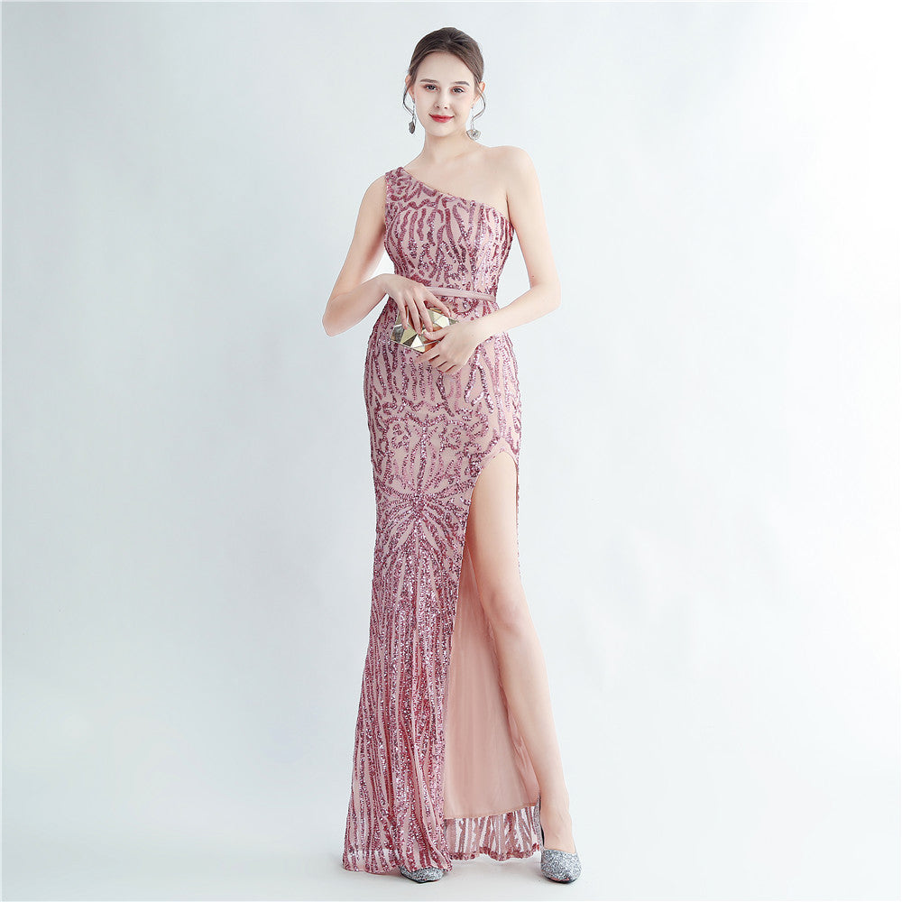 Positioning Floral Sequin One Shoulder Diagonal Collar Side Slit Long Evening Dress