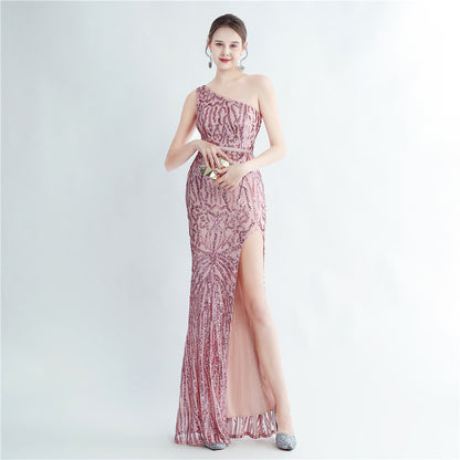 Positioning Floral Sequin One Shoulder Diagonal Collar Side Slit Long Evening Dress