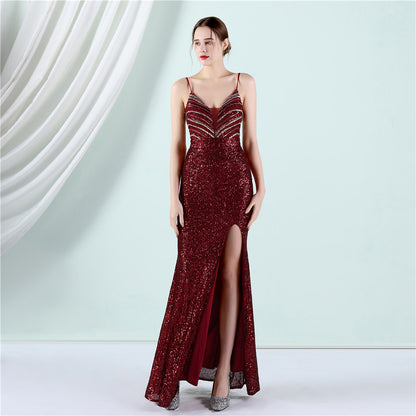 Robe de soirée sexy longue et amincissante pour femme avec perles florales