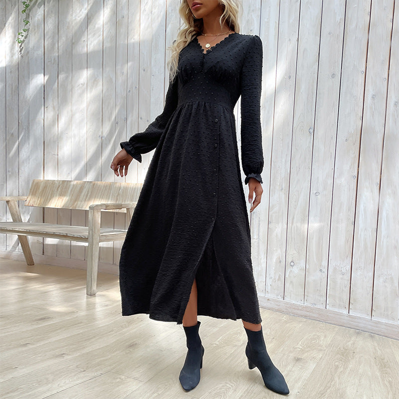 Fall Women Clothing Long Sleeve Black Dress Split Dress