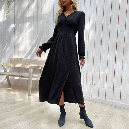 Vêtements d'automne pour femmes, robe noire à manches longues, robe fendue