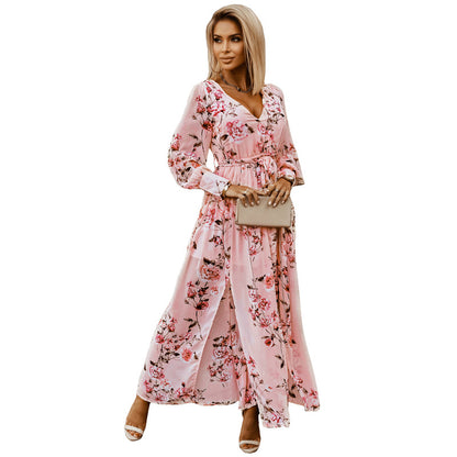 Vestido de manga larga con estampado floral para primavera y verano, vestido bohemio que adelgaza la cintura