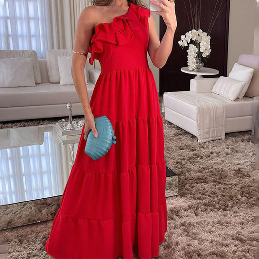 Spring Women Fashionable Elegant One Shoulder Solid Color Midi Dress