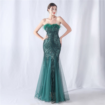 Ostrich Feather Positioning Floral Cutting Wedding Annual Meeting Tube Top Sequin Gauze Evening Dress