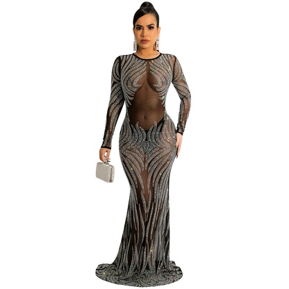 Night Club Sexy Rhinestone Mesh See through Long Sleeve Dress Dress Women