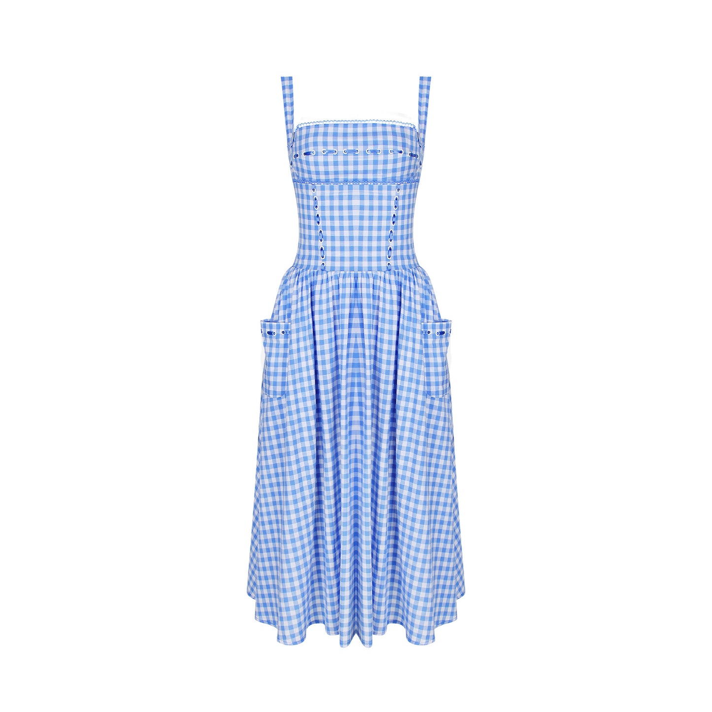 Robe d'été sexy à carreaux bleus mi-longue pour femme, vêtement pastoral, robe de vacances à haut sens, été