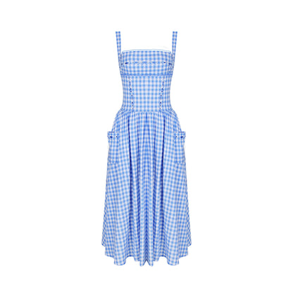 Sexy Women Clothing Summer Pastoral Mid Length Blue Plaid Sling Dress Summer Women High Sense Vacation Dress